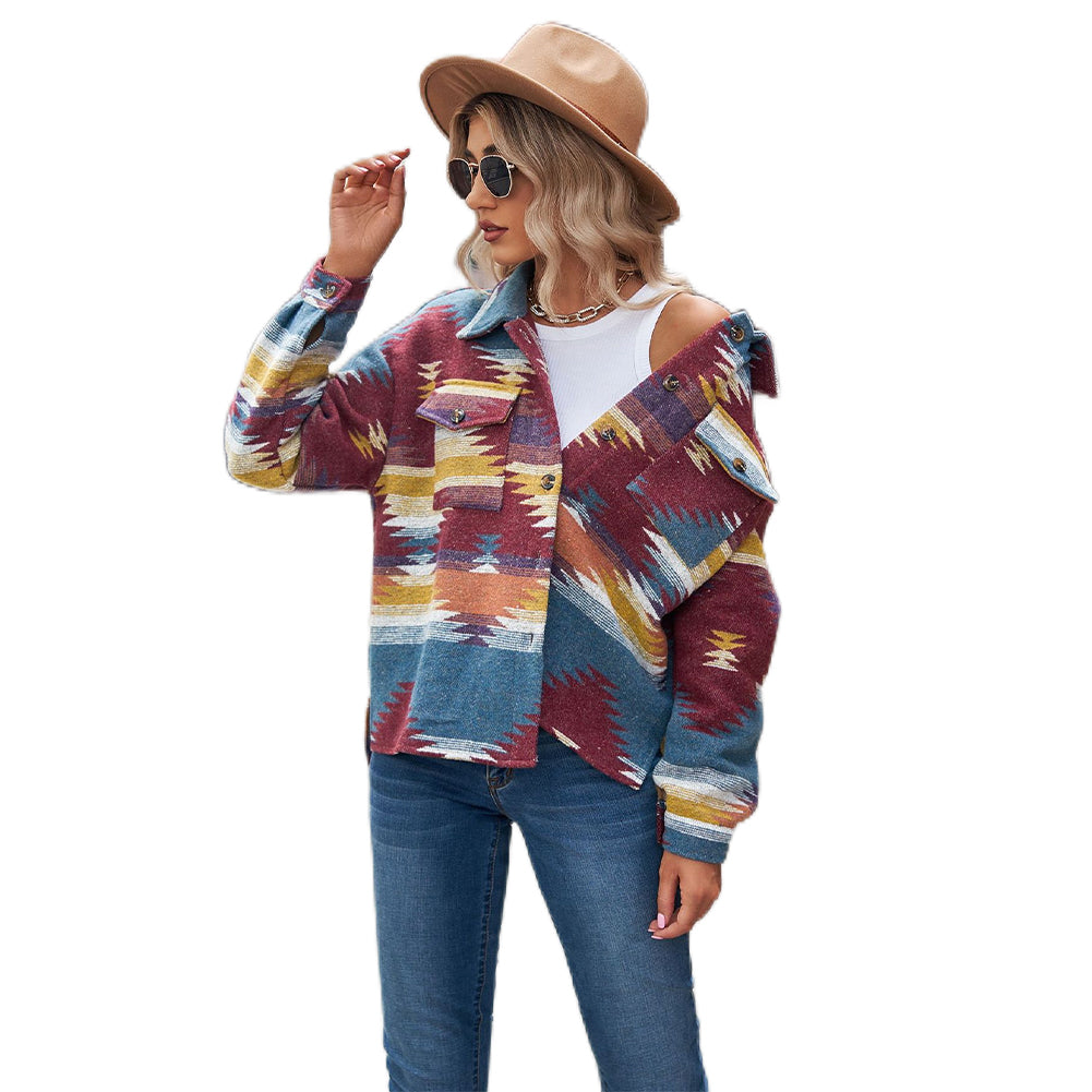 Cropped Loose Lapel Pocket Button Women Woolen Coats - Image 4