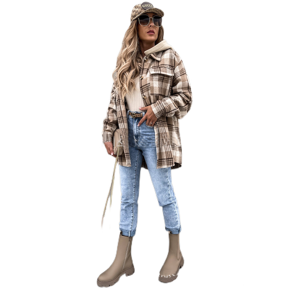 Alternative view of Women Jacket Fashion Hooded Wool Plaid Coats