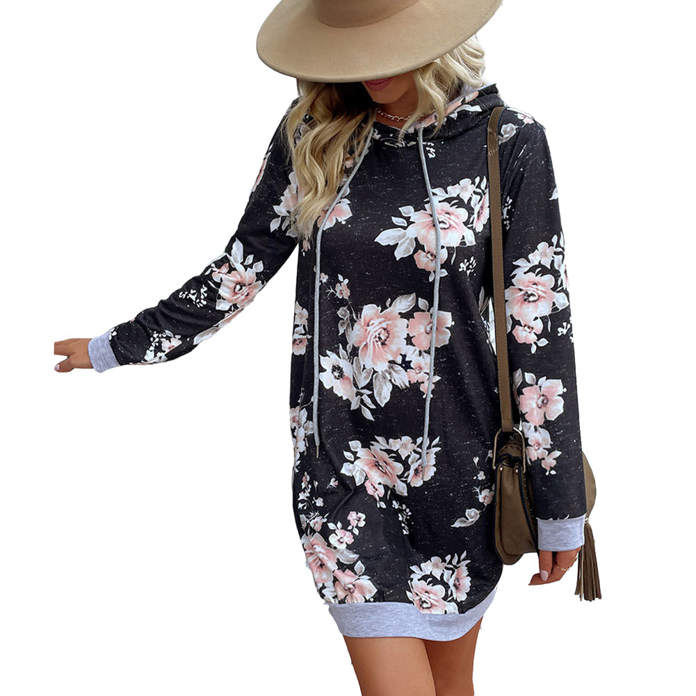 Loose Printed Long-sleeved Hooded Sweater Dress