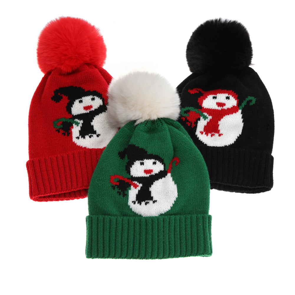 Fur Ball Warmer Festive Snowman Christmas Kids Hat