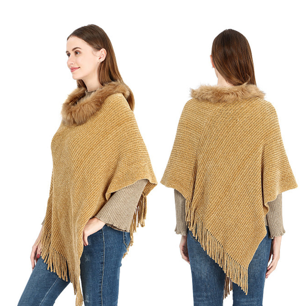 Winter Warm Chenille Collar Cape Women Knitted Shawl