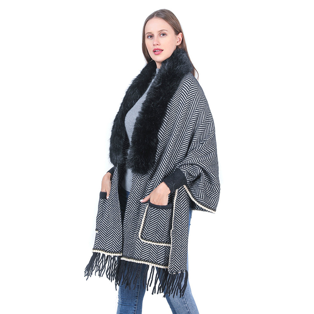 Collar Striped Pocket Cape Mink Fringed Knitted Sweaters
