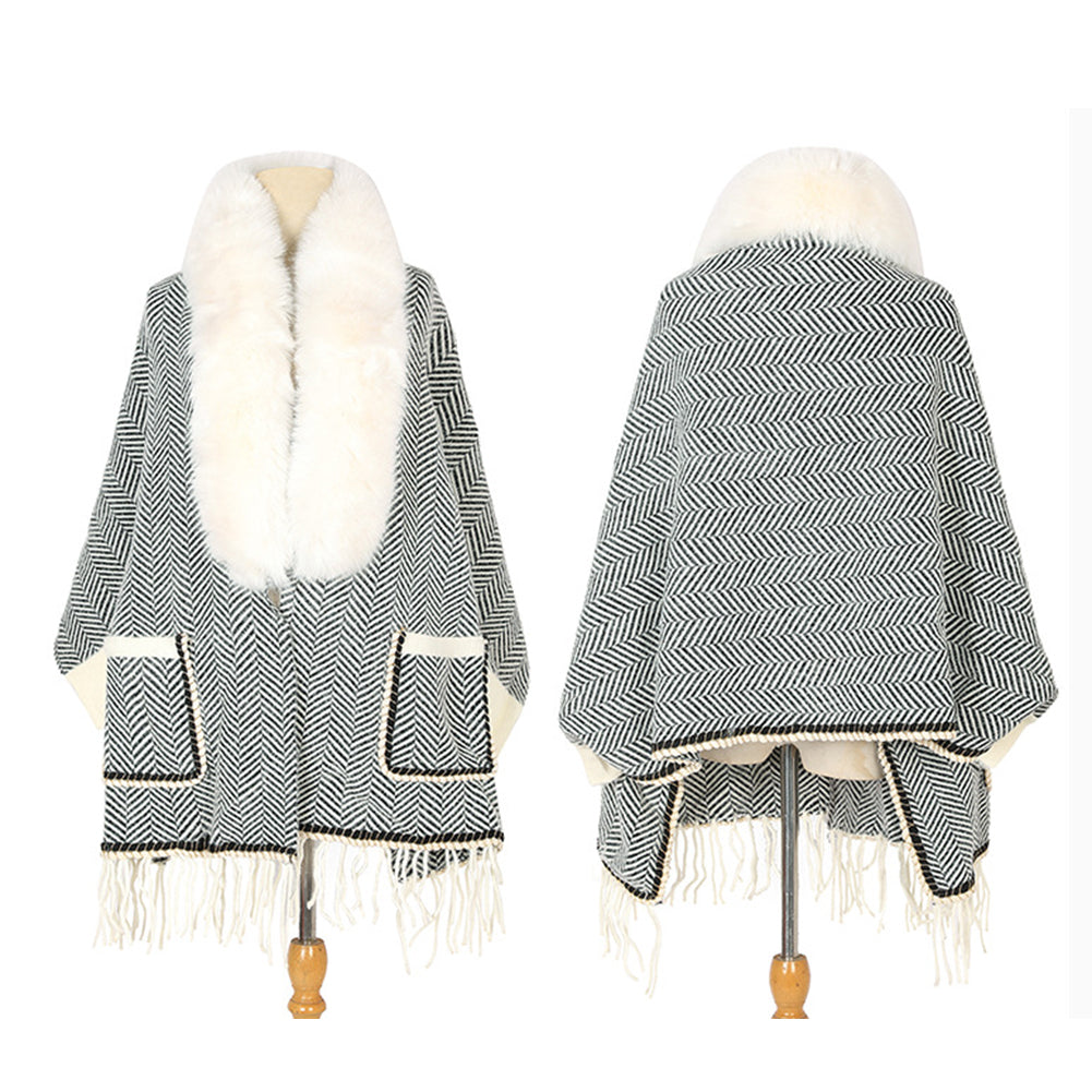 Alternative view of Collar Striped Pocket Cape Mink Fringed Knitted Sweaters