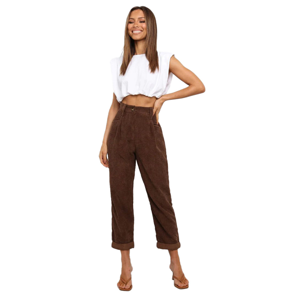 Women Corduroy Pocket Cropped Straight Leg Pants