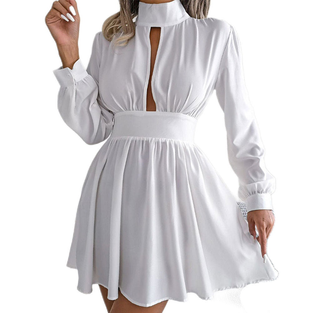 Commuting Pure Color Half-high Neck Waist Dress