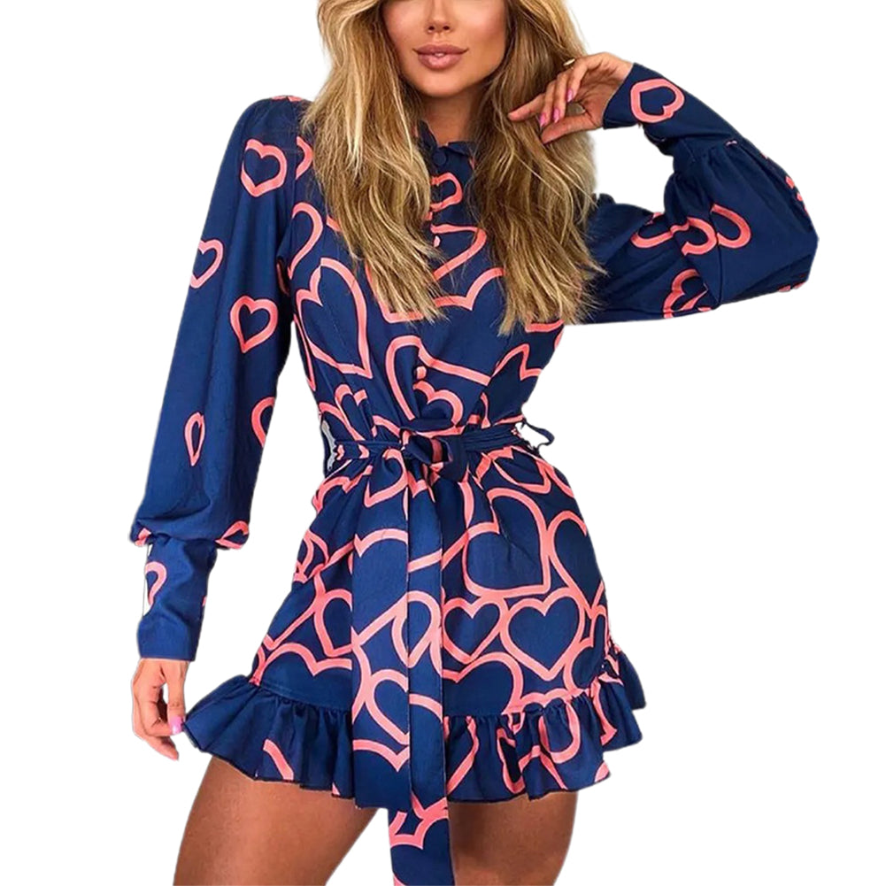 Commuting Love Print Shirt Collar Tie Waist Dress