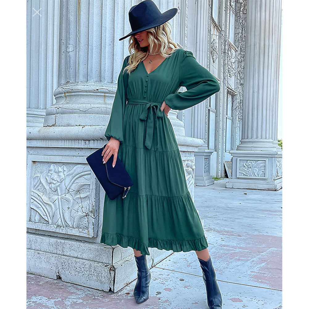 Women Clothing New Long-sleeved Pleated Dress