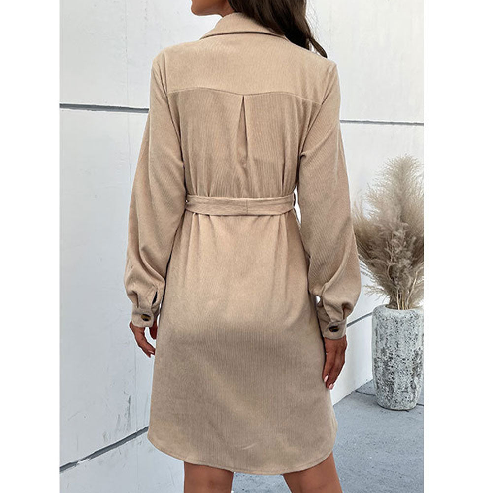 Solid Long Sleeve Shirt Cut Corduroy Dress