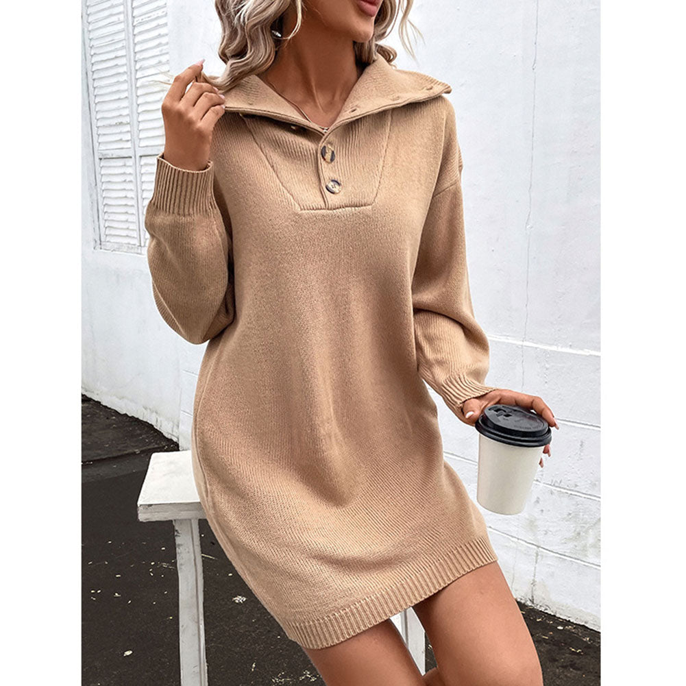 Alternative view of Winter Solid Color Long-sleeved Lapel Sweater Dress