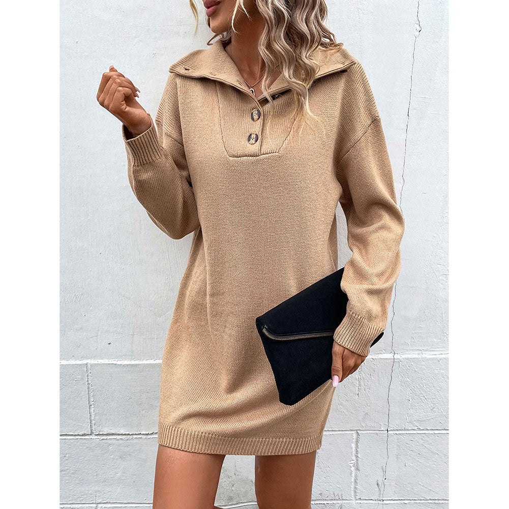 Winter Solid Color Long-sleeved Lapel Sweater Dress