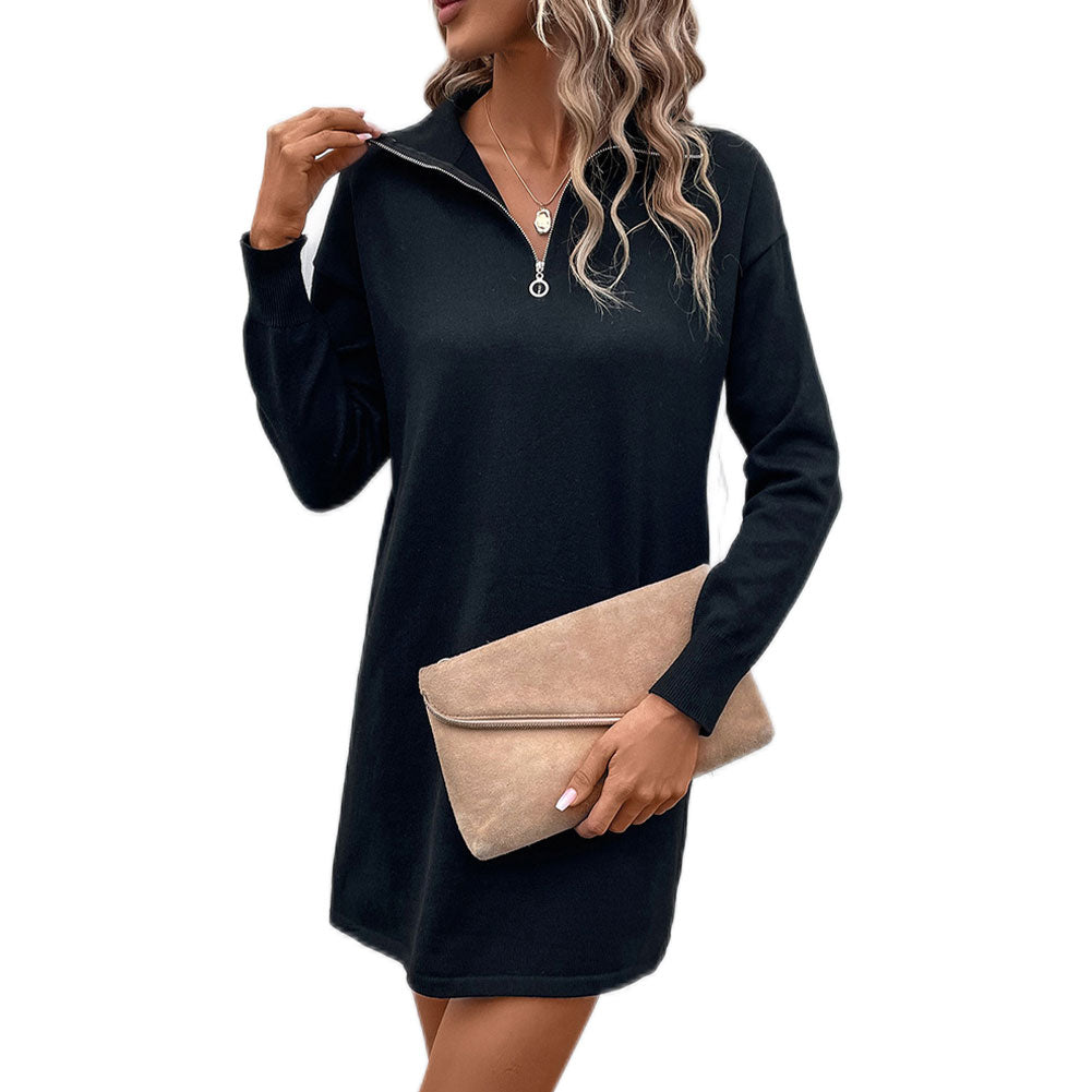 Long-sleeved Solid Color Lapel Zipper Sweater Dress