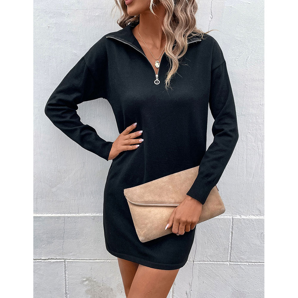 Alternative view of Long-sleeved Solid Color Lapel Zipper Sweater Dress