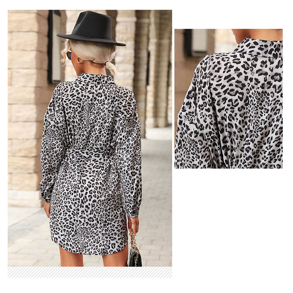 Alternative view of Women Leopard Print Lapel Shirt Long-sleeved Dress