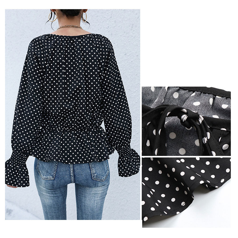 Women Tie-up Tops Polka Dot Long-sleeved Shirt