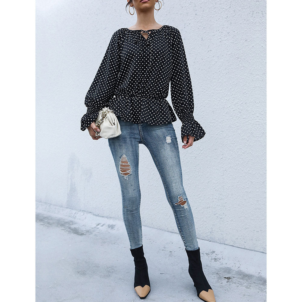 Alternative view of Women Tie-up Tops Polka Dot Long-sleeved Shirt