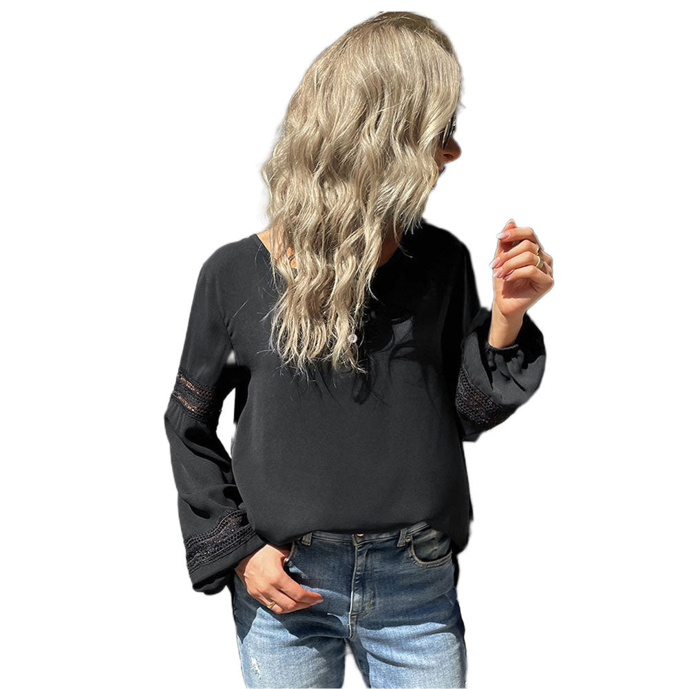 Alternative view of Women Long-sleeved Tops Loose Pullover Black Shirt