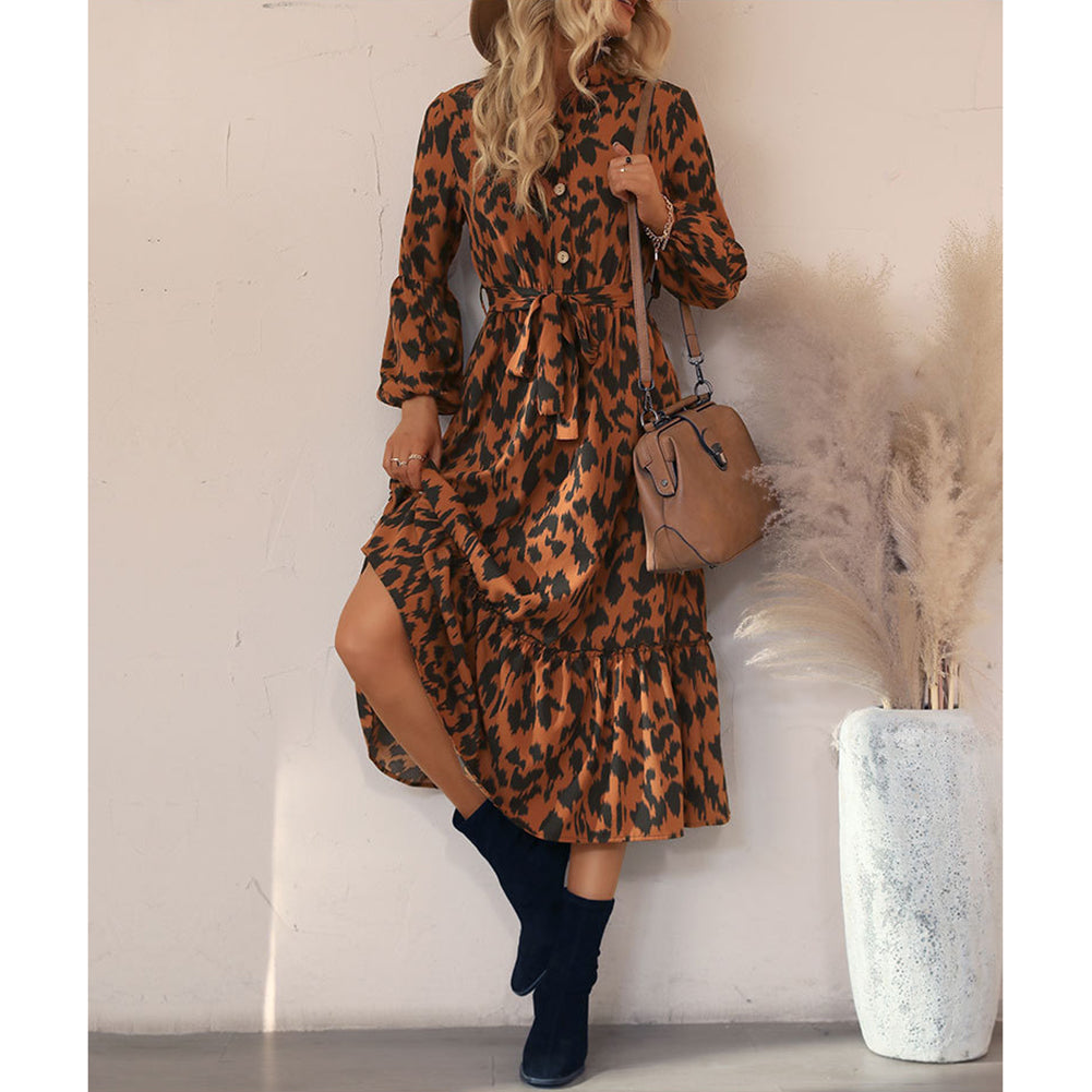 Long-sleeved Leopard Mid-length Dress Spring