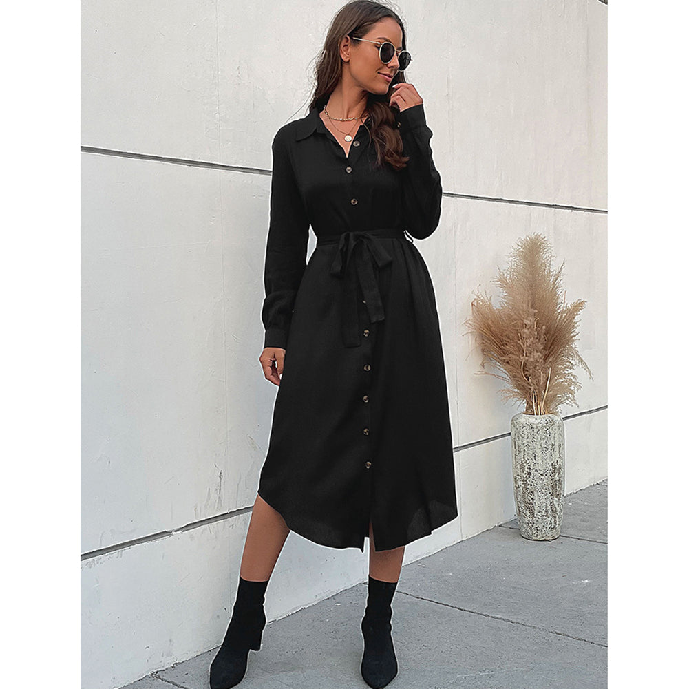 New Black Lapel Shirt Long Sleeve Dress PBY-108K - Image 3