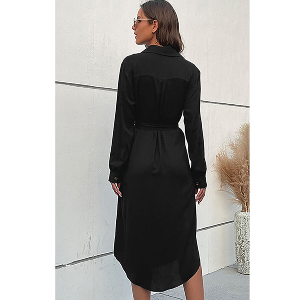 New Black Lapel Shirt Long Sleeve Dress PBY-108K