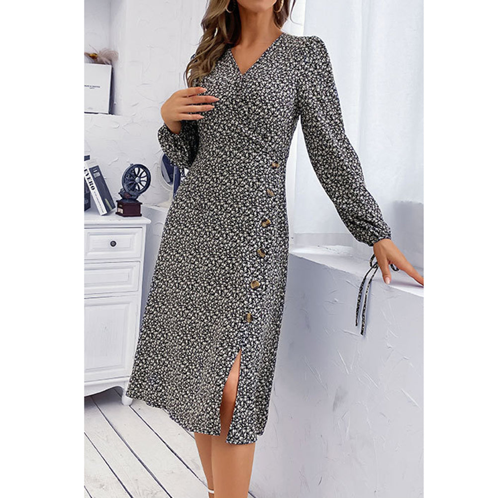 Women Autumn V-neck Printed Long-sleeved Split Dress - Image 3