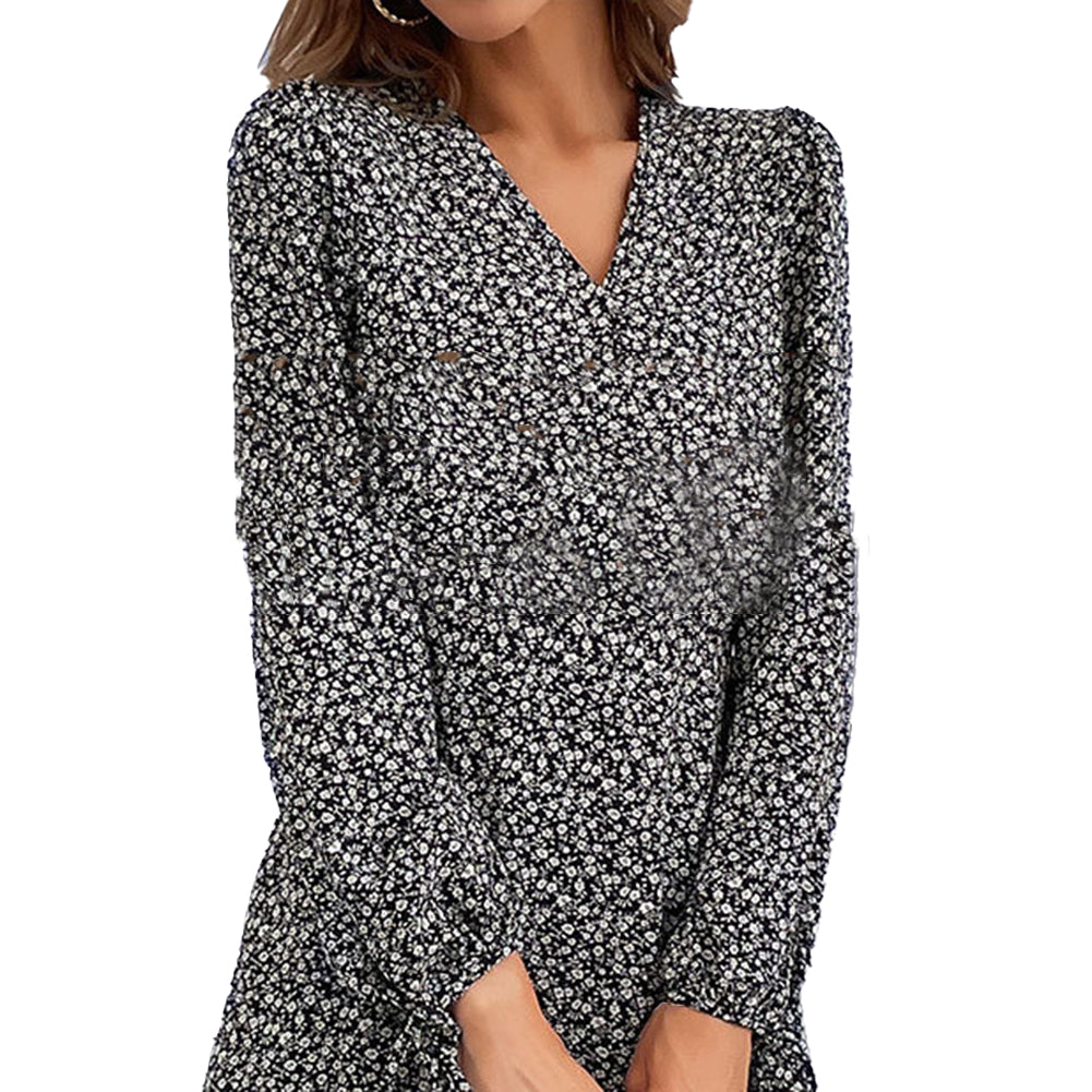 Women Autumn V-neck Printed Long-sleeved Split Dress - Image 4