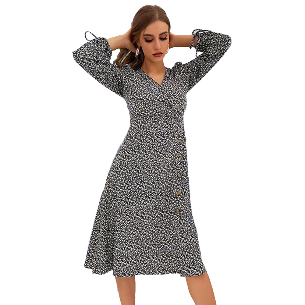 Women Autumn V-neck Printed Long-sleeved Split Dress - Image 5