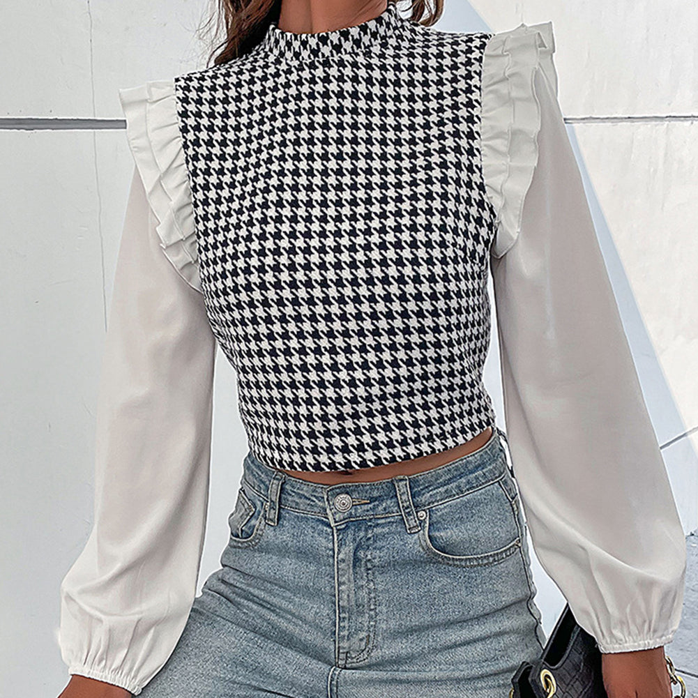 Half Turtleneck Long Sleeve Houndstooth Shirt Tops