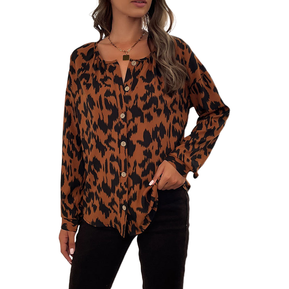 Alternative view of Round Neck Long Sleeve Leopard Print Shirt Tops