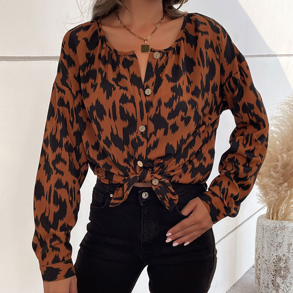 Round Neck Long Sleeve Leopard Print Shirt Tops