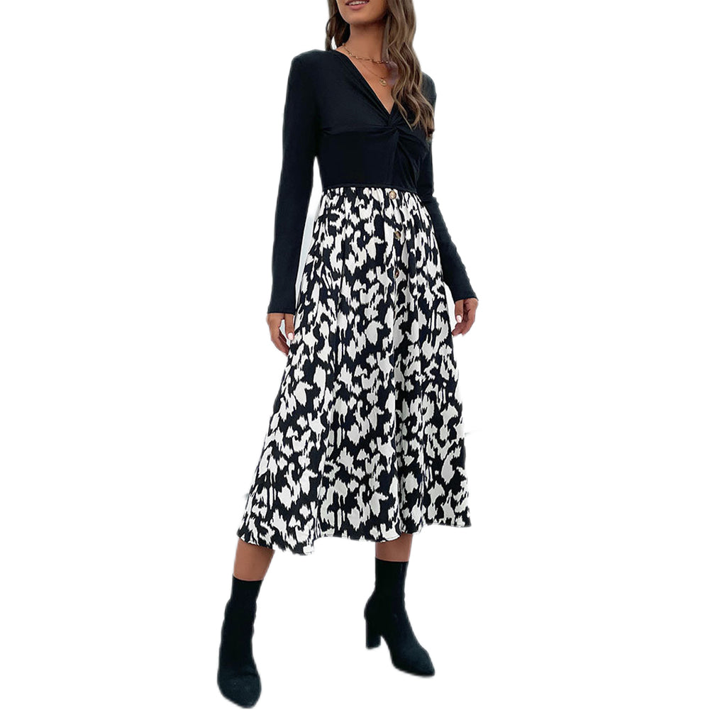 Women Fashion Spring New V-neck Long-sleeve Stitching Dress - Image 4