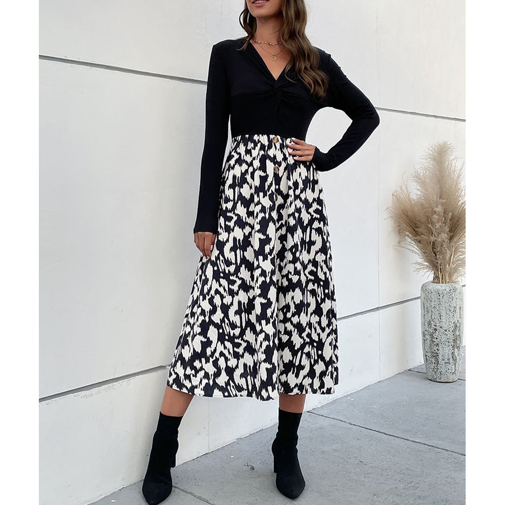 Alternative view of Women Fashion Spring New V-neck Long-sleeve Stitching Dress