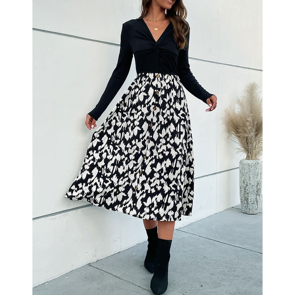 Women Fashion Spring New V-neck Long-sleeve Stitching Dress