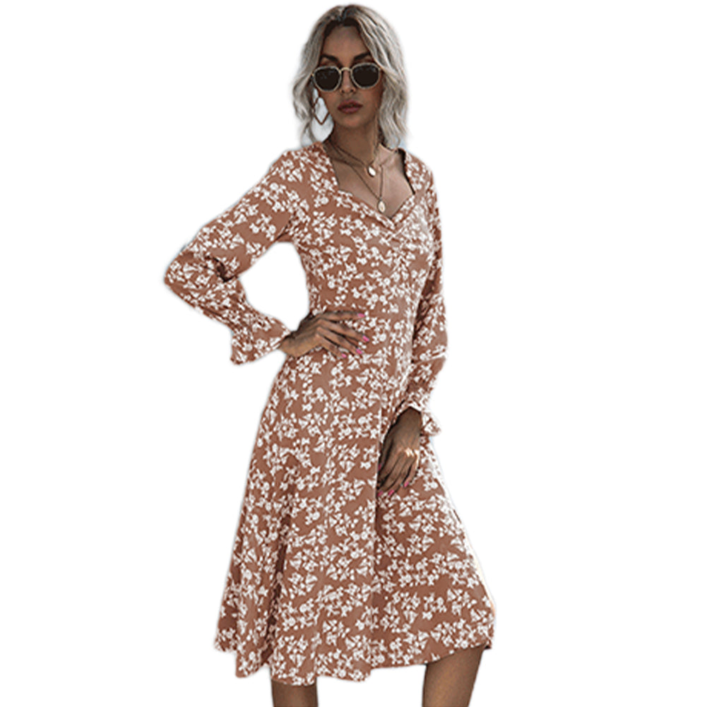V-neck Pleated Short French Floral Dress