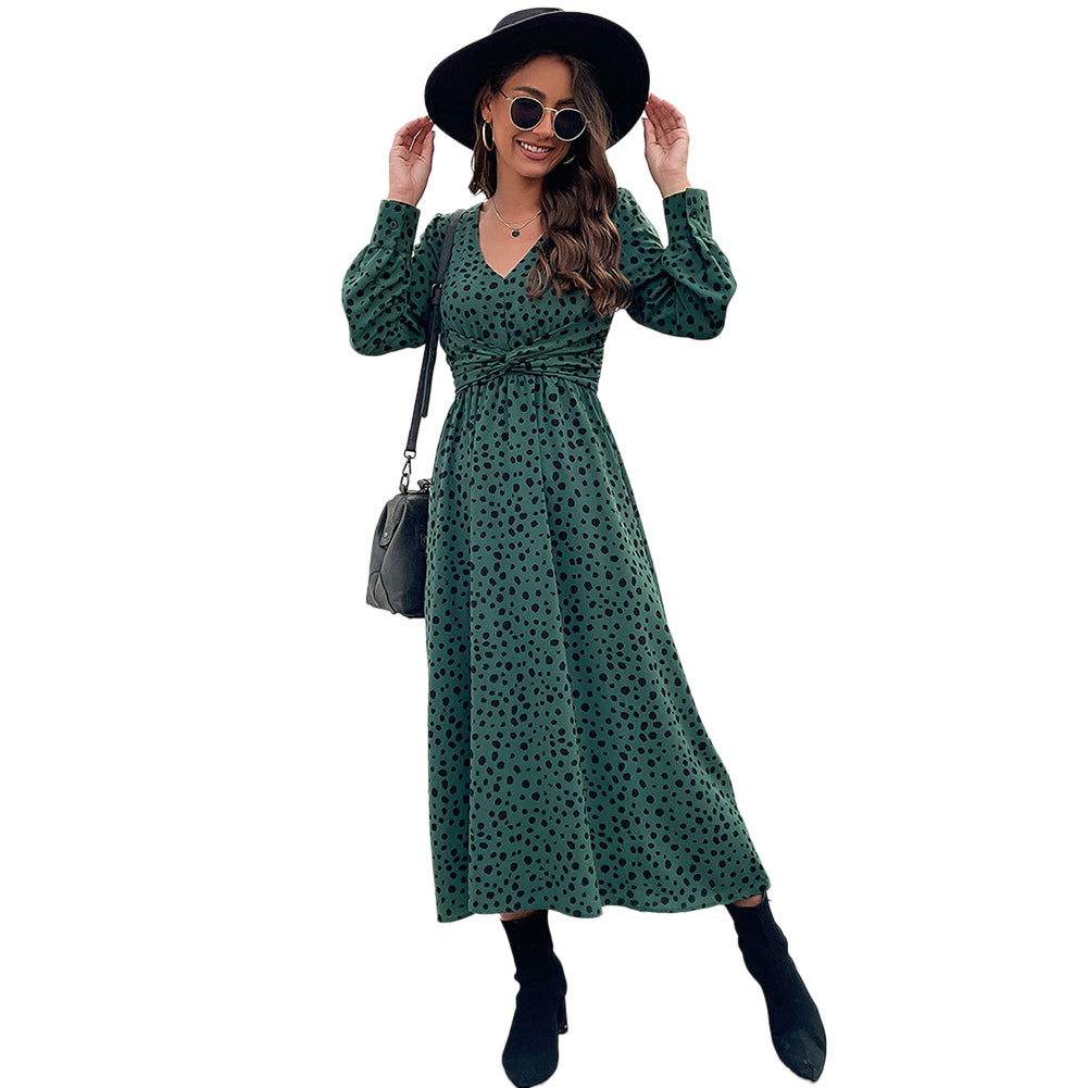 Women Clothing Green Long-sleeved Leopard Dress