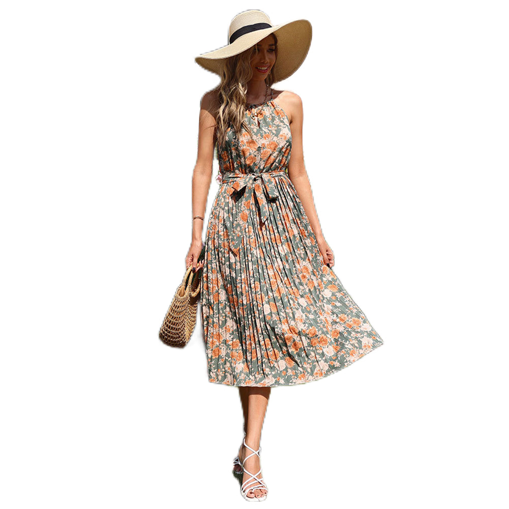 Suspender Straps Halter Neck Pleated Print Dress - Image 4