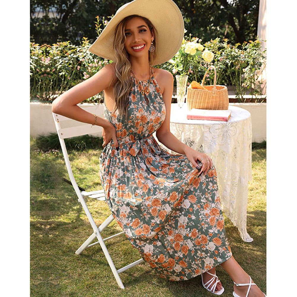 Suspender Straps Halter Neck Pleated Print Dress