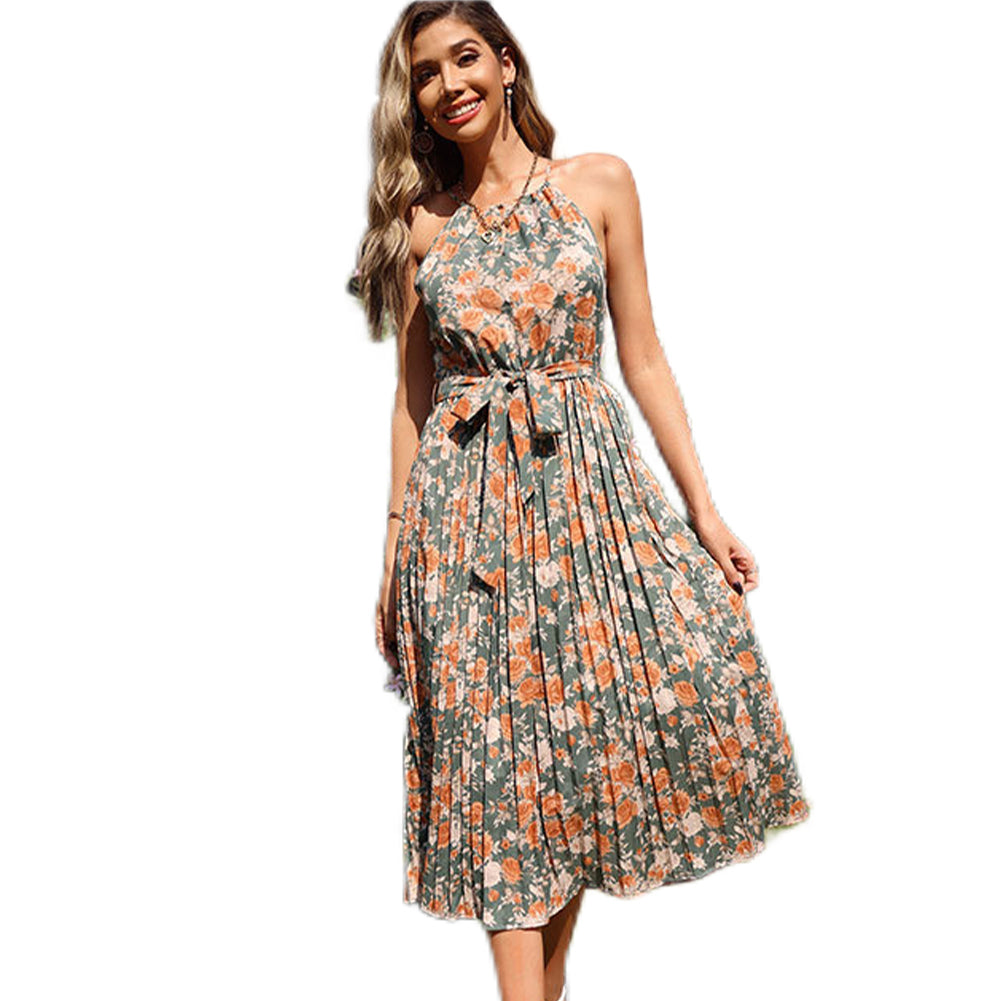 Suspender Straps Halter Neck Pleated Print Dress - Image 3