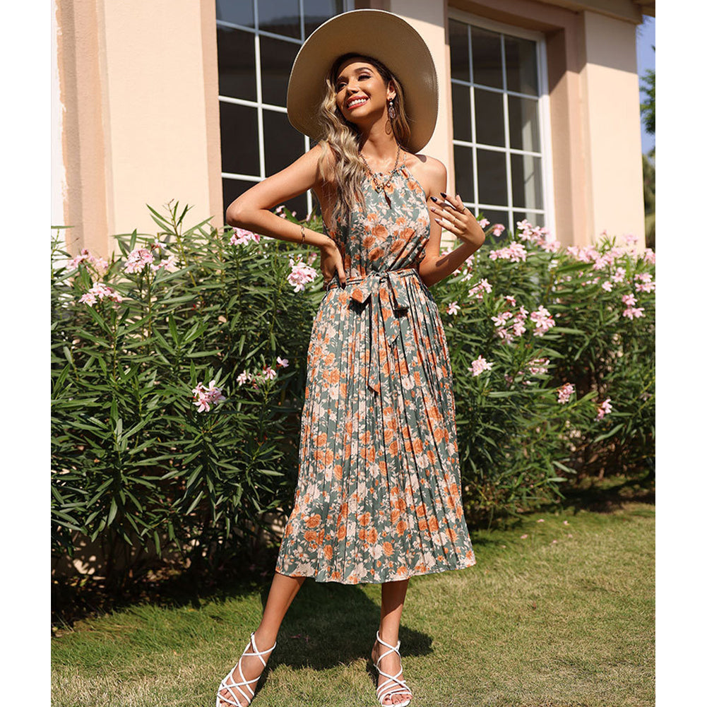 Alternative view of Suspender Straps Halter Neck Pleated Print Dress