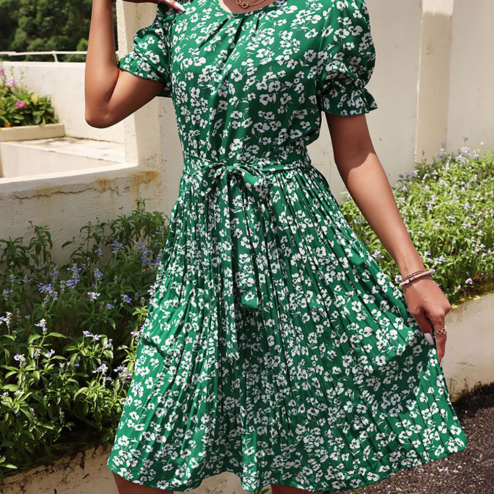 Women Round Neck Tie Slim Floral Dress