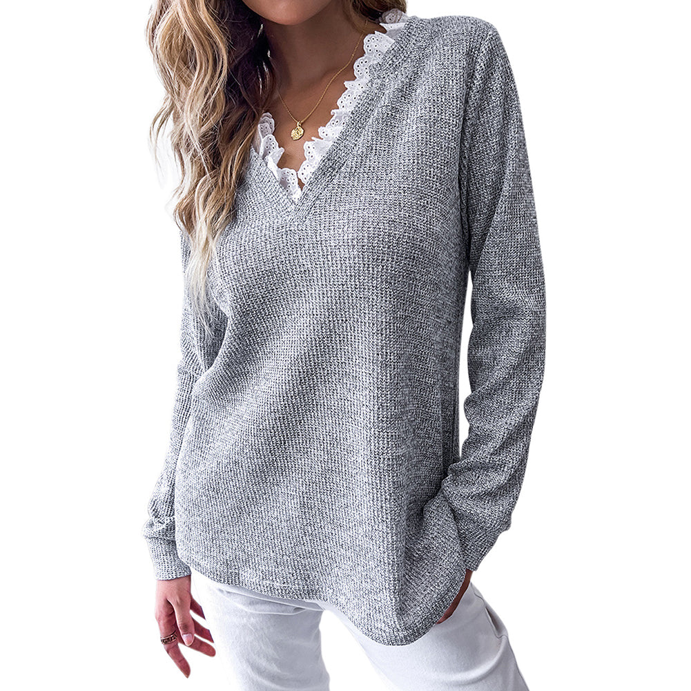 Alternative view of Loose Pullover Tops V-neck Long-sleeved T-shirt