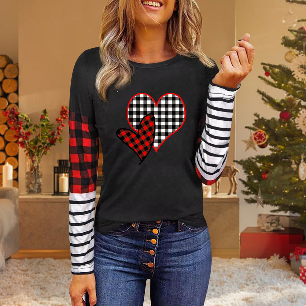 Valentine Day Print 3-color Stitching Neck Casual T-shirt