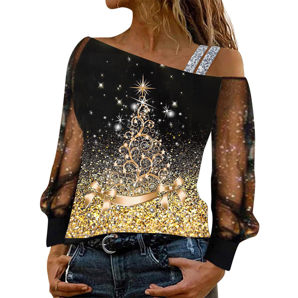 Women One-neck Off-the-shoulder Printed Tops T-shirt