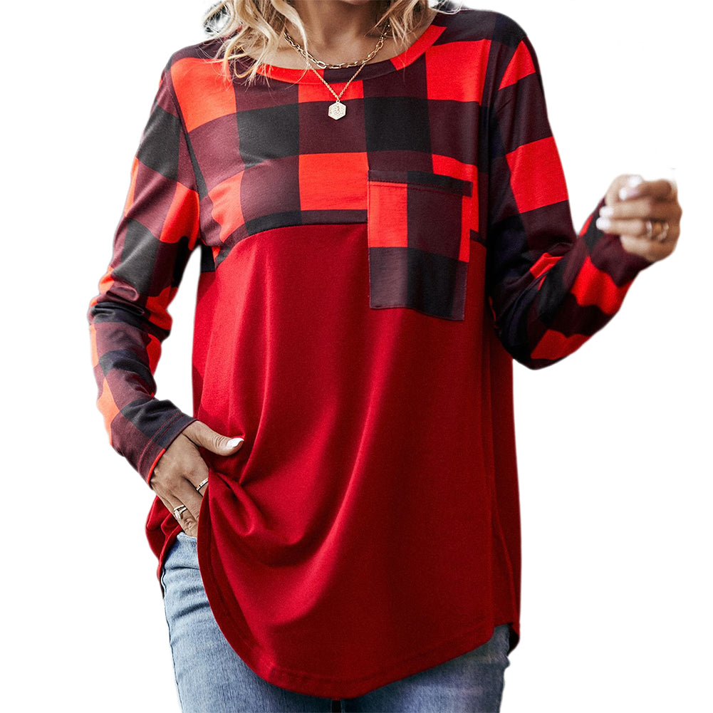 Women Loose Solid Color Stitching Plaid Tops