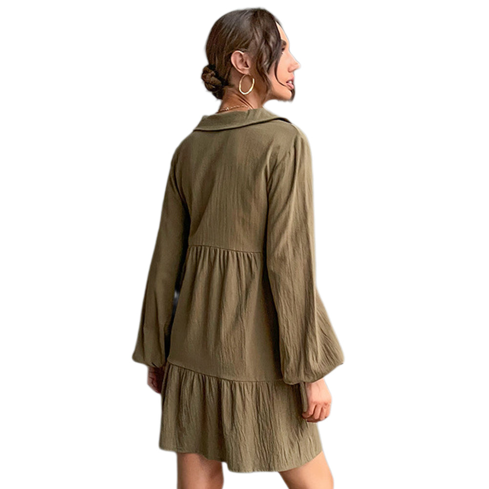 Alternative view of Women New Lapel Pleated Solid Color Short Dress