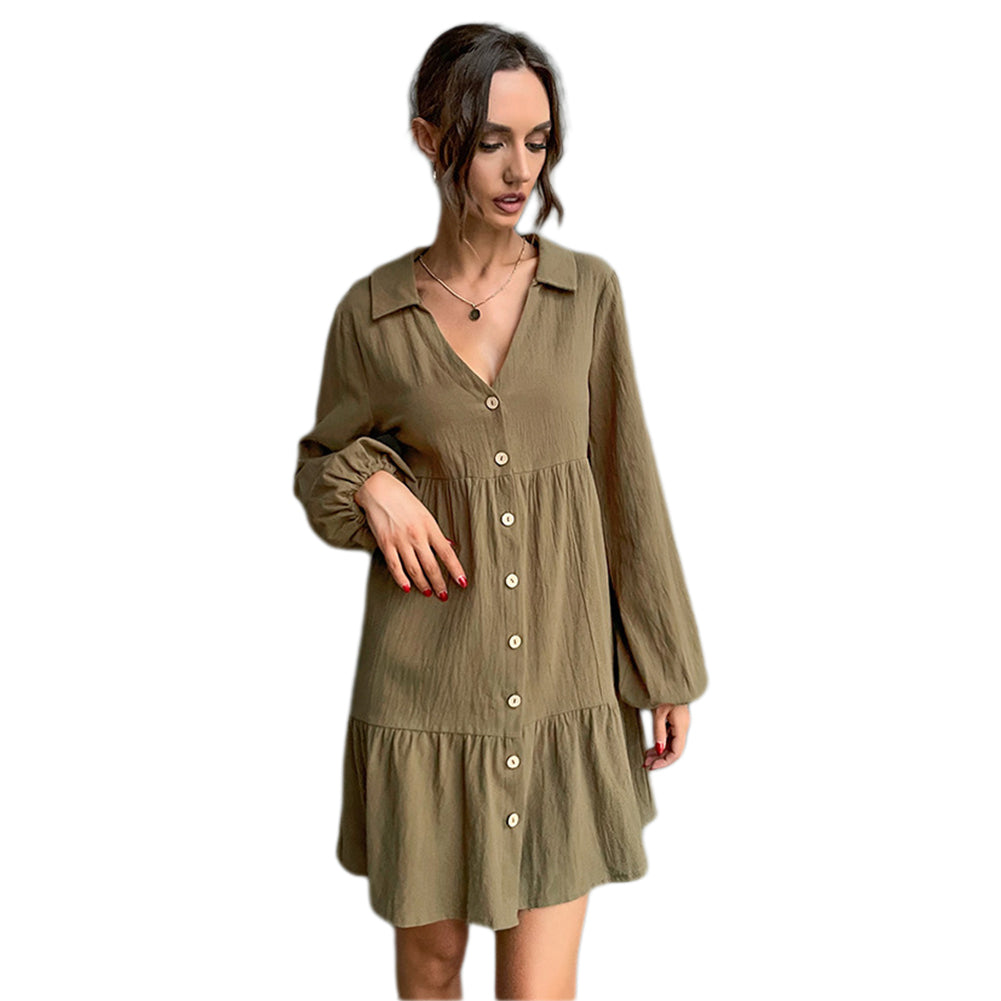 Women New Lapel Pleated Solid Color Short Dress