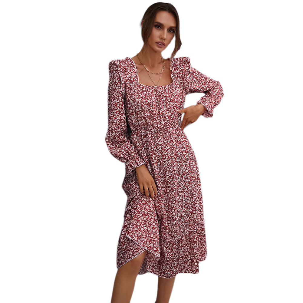 Alternative view of Women Long-sleeved Floral Square Neck Dress