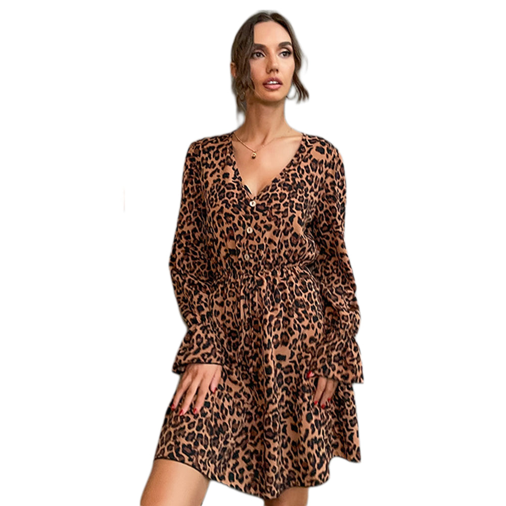 Women Long-sleeved V-neck Leopard Print Dress