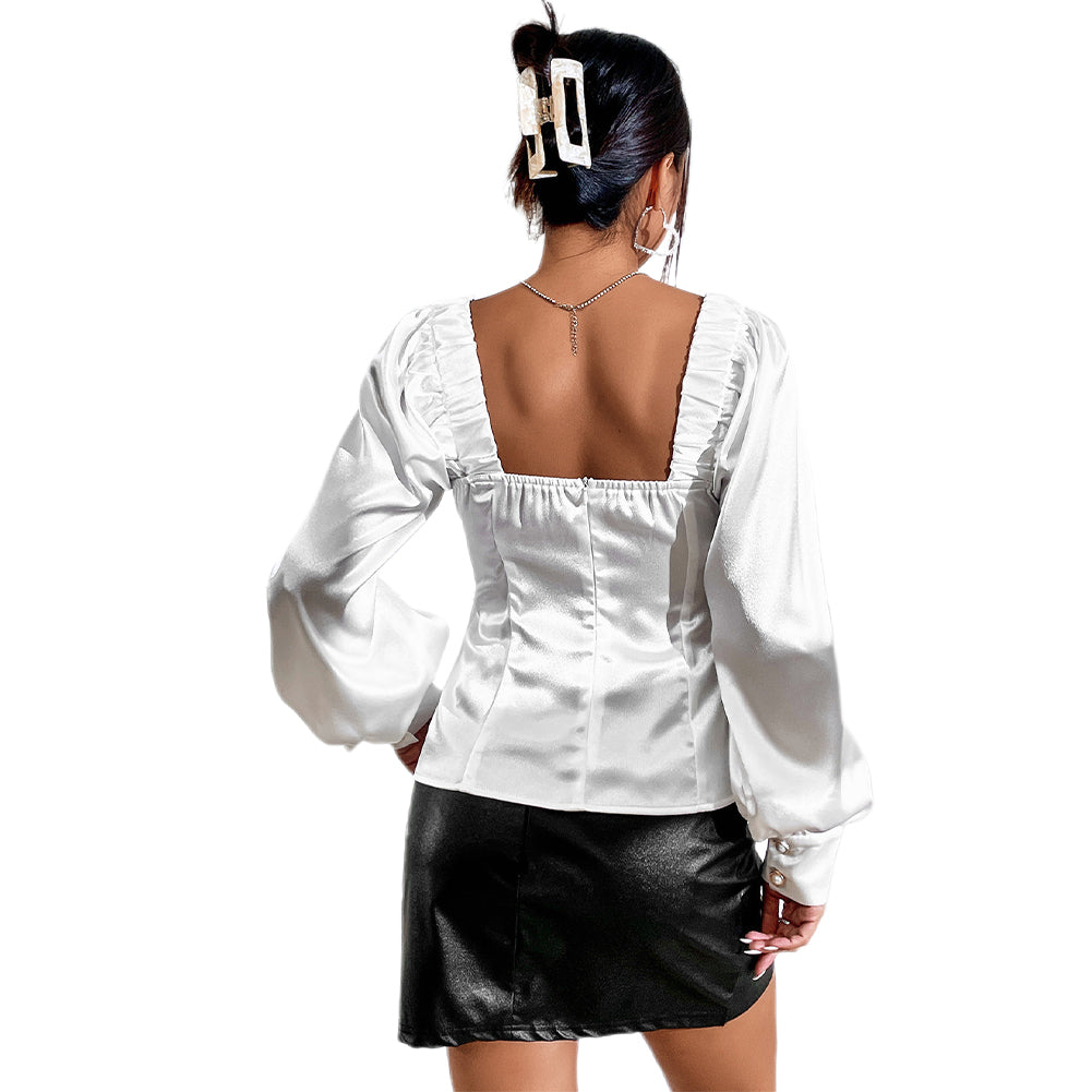 Women Tops Satin French Square Collar Shirt