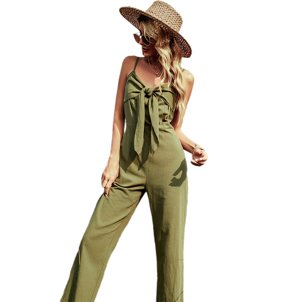 Alternative view of Backless Bowknot Sling Sexy Long Splicing Loose Jumpsuit