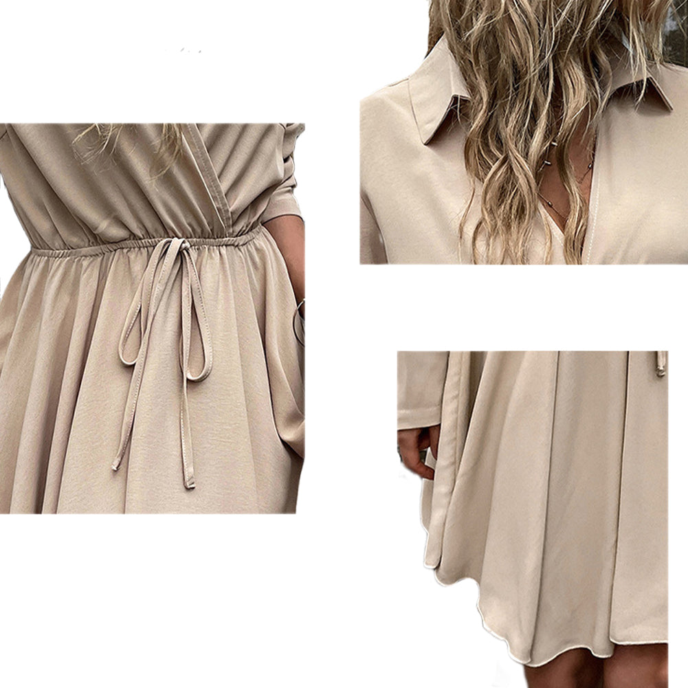 Women Solid Color Lapel Strap Waist Waist Pleated Dress